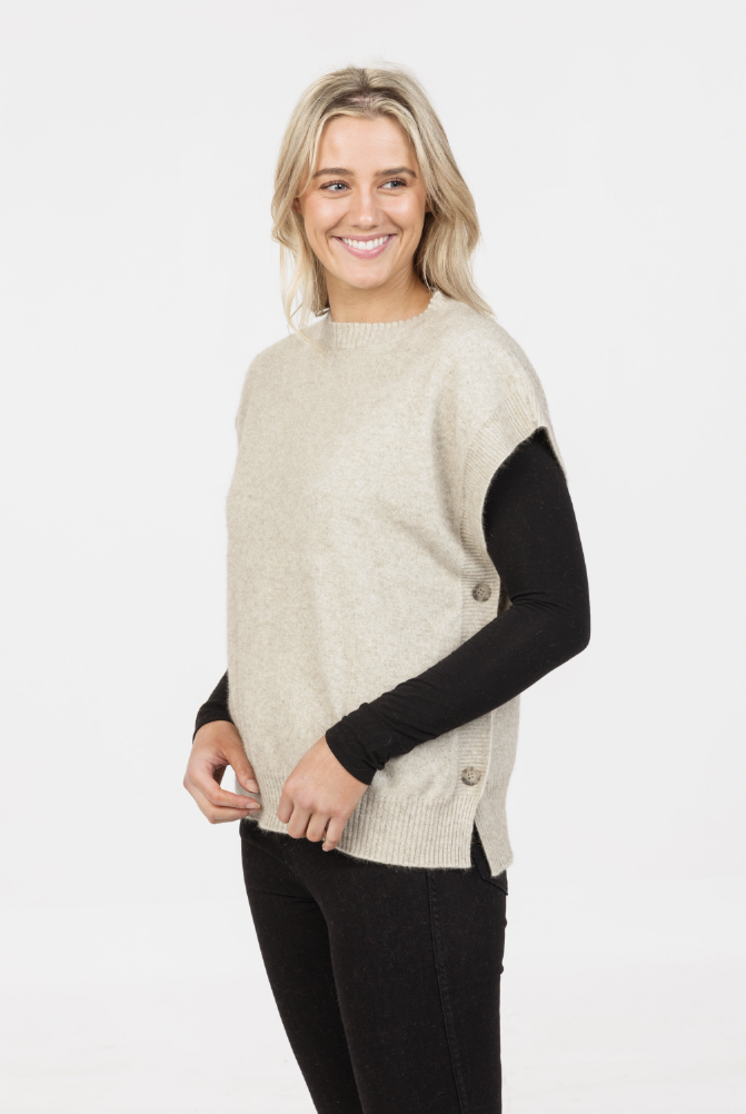 Native World - Merino & Possum Side Button Vest (NB887)Natural
