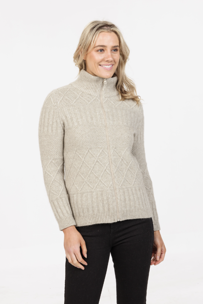 Native World - Merino & Possum Cross Stitch Jacket (NS892)Natural