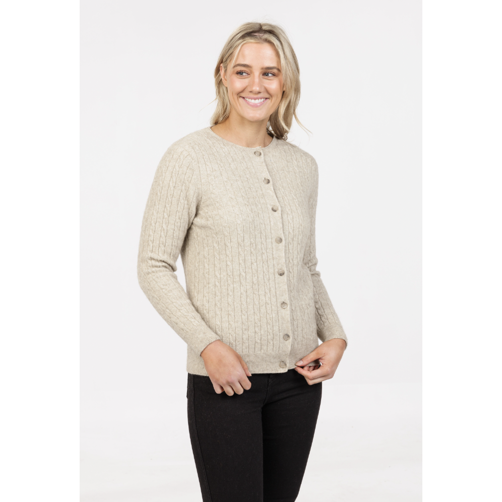 Native World - Merino & Possum Classic Cable Cardigan (NB886)Natural
