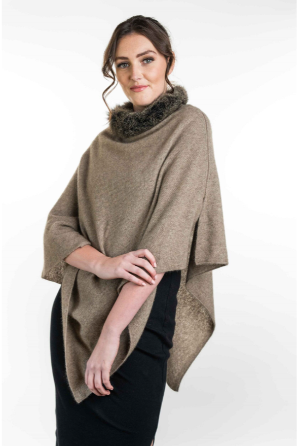 Koru Merino - Possum Fur Trim Zip Poncho (KO523) Mocha/snow