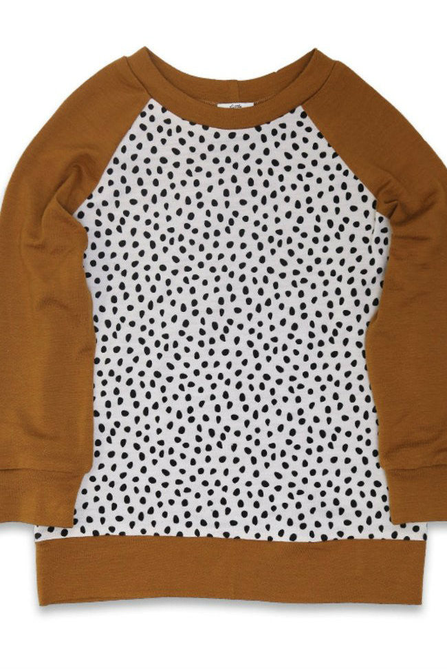 Childrens merino top. Salted caramel and pebble print colour