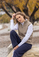 Woman wearing Noble Wilde - Merino & Possum Gilet Zip Vest (NW3101) in the colour Oyster.