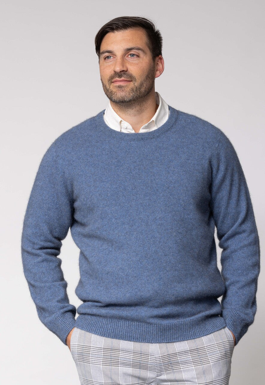 Man wearing the Noble Wilde - Merino & Possum Cambridge Crew Sweater (NW1001) in the colour Bahama.