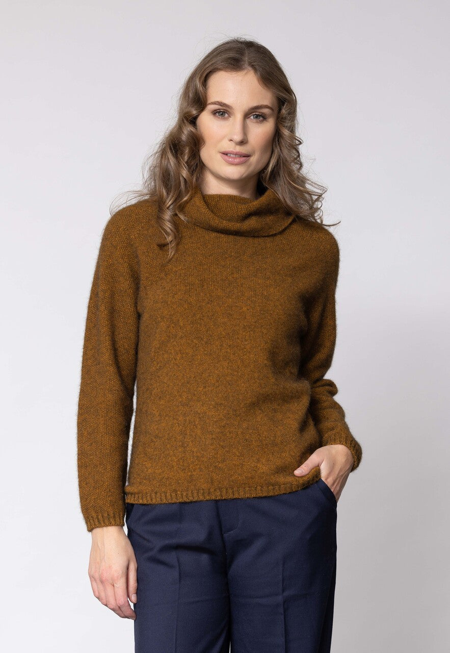 Woman wearing Noble Wilde - Merino & Possum Moss Switch Cowl Jumper (NW3126) in the colour Tahiti.