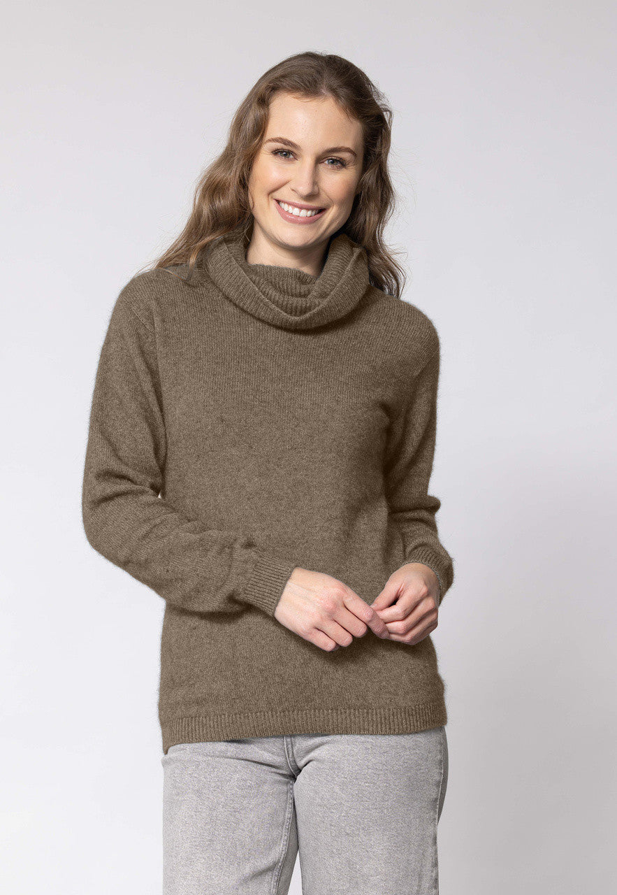 Woman wearing Noble Wilde - Merino & Possum Polo Neck Jersey (NW3172) in the colour Latte