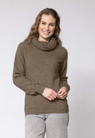 Woman wearing Noble Wilde - Merino & Possum Polo Neck Jersey (NW3172) in the colour Latte