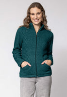 Woman wearing Noble Wilde - Merino & Possum Honeycomb Jacket (NW3149) in the colour Paua.