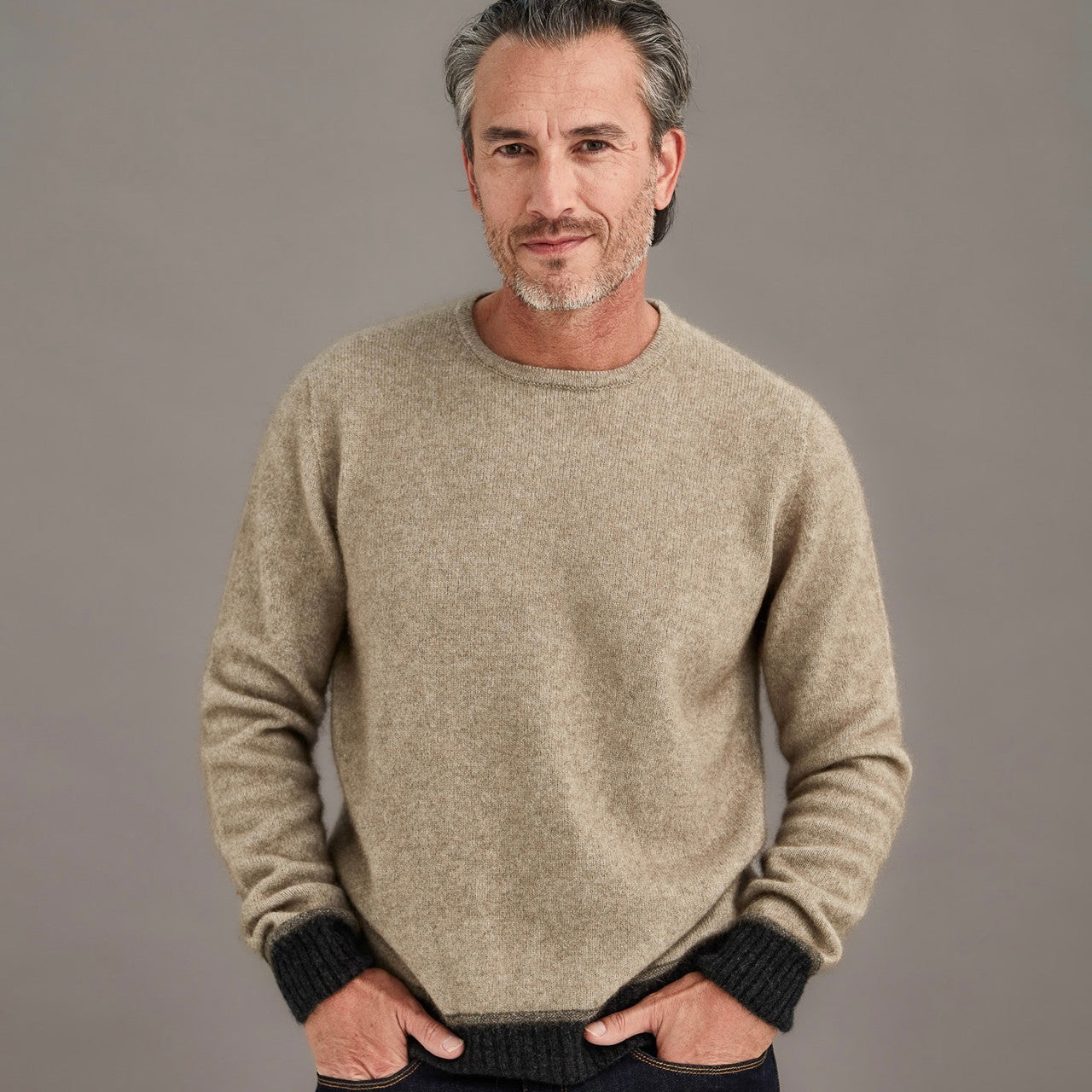 Man wearing McDonald - Merino & Possum Horizon Sweater (6640) in the colour Ash
