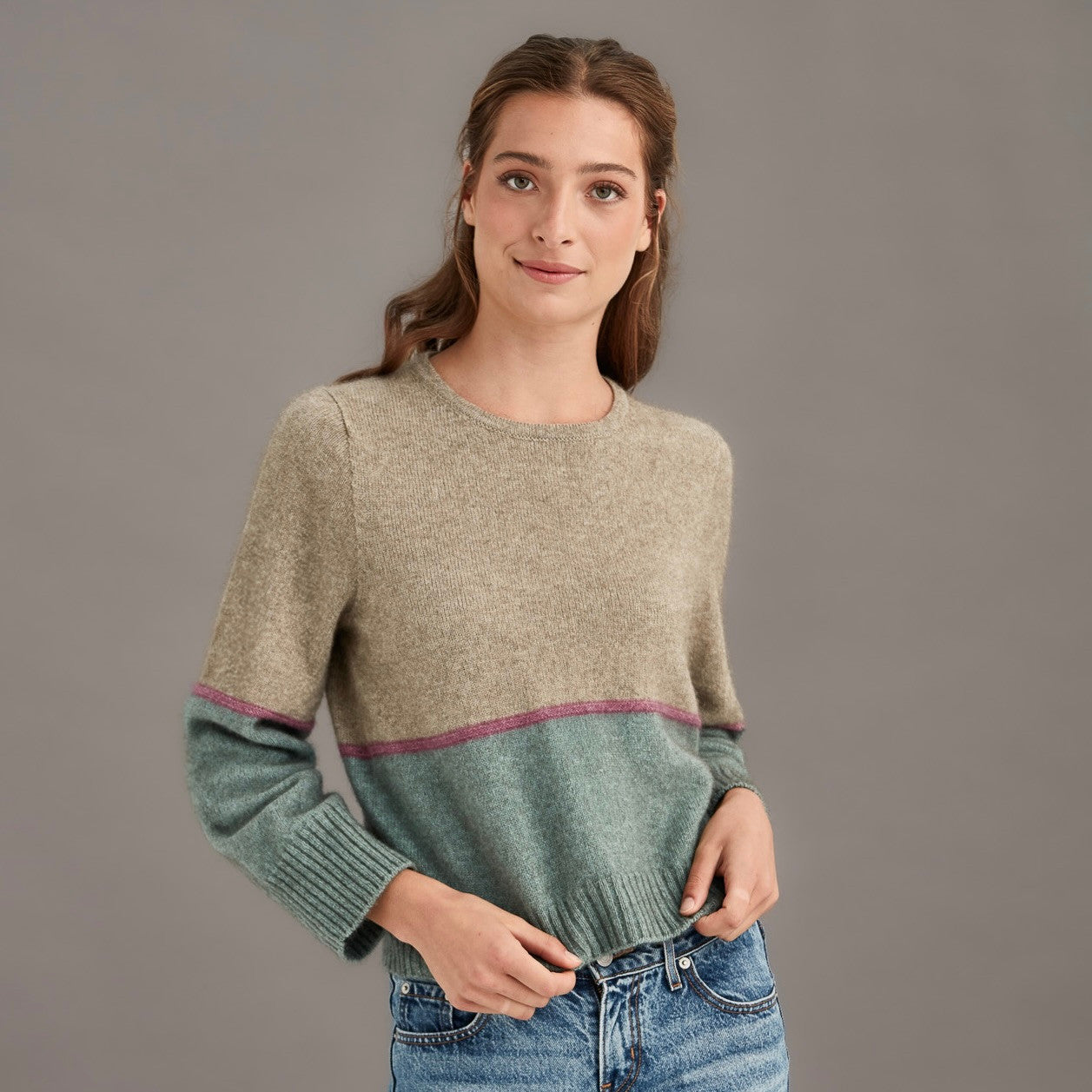 Woman wearing McDonald - Merino & Possum Horizon Jumper (5061-SS2026) in the colour Hydrangea.