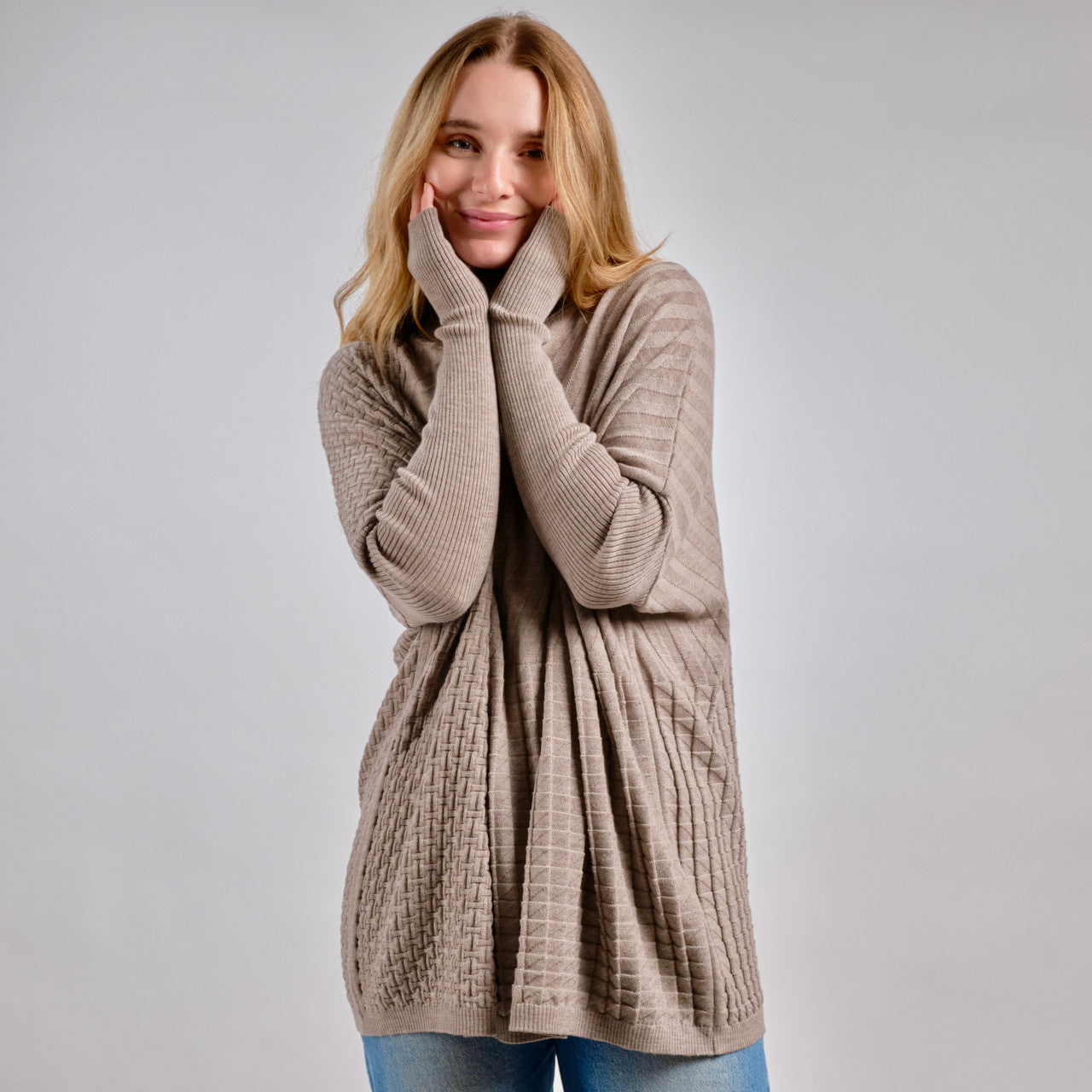 Woman wearing Country Laine - Merino Textured Sloppy Joe (CL0059) in the colour Chateau.