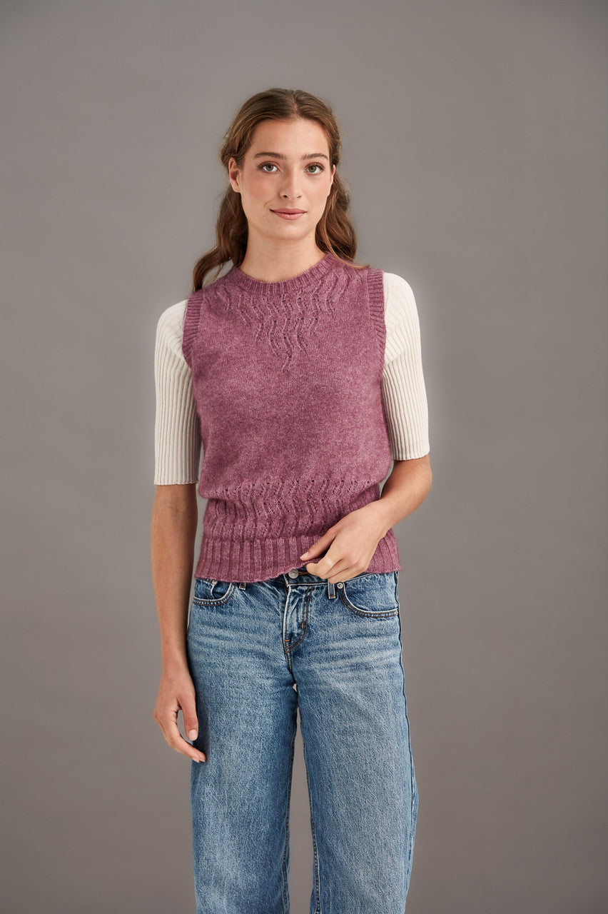 Woman wearing McDonald - Merino & Possum Herringbone Lace Vest (5059) in the colour Heather.