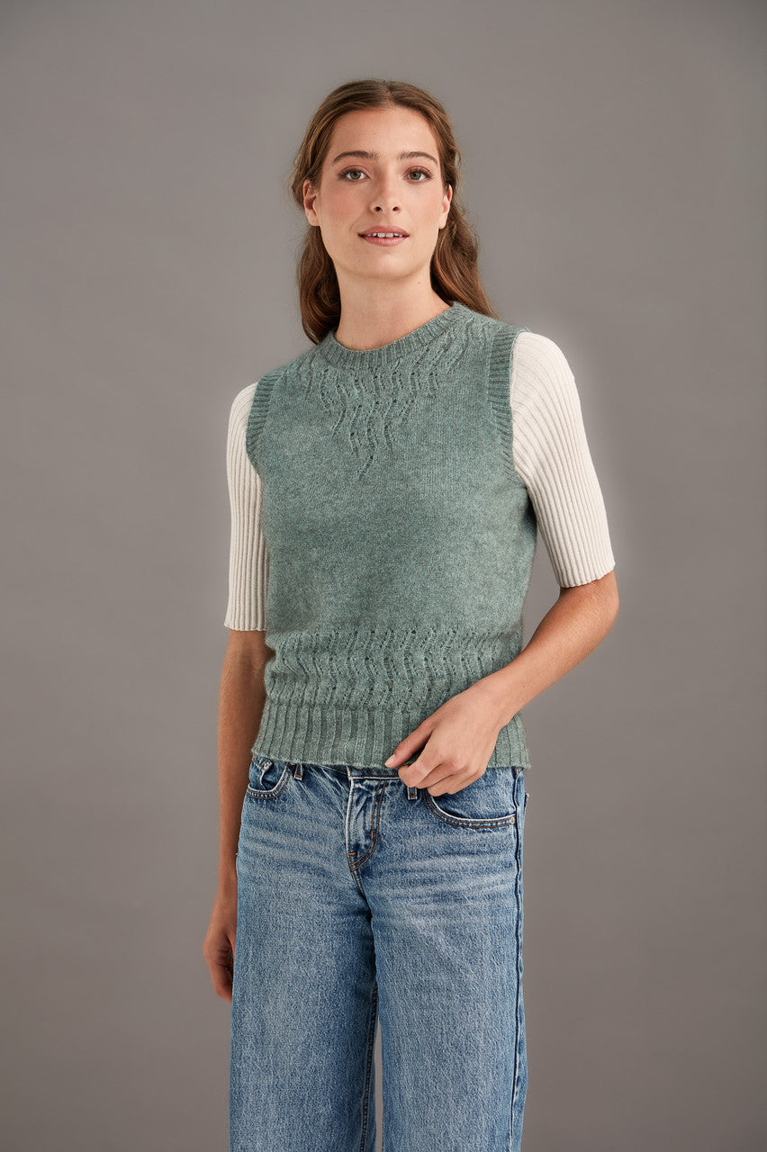Woman wearing McDonald - Merino & Possum Herringbone Lace Vest (5059) in the colour Mint.