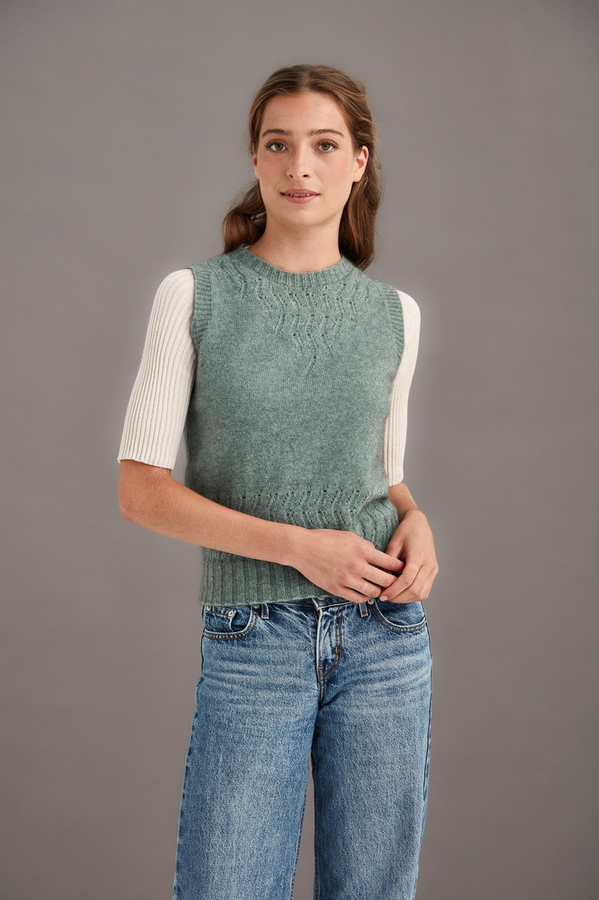 Woman wearing McDonald - Merino & Possum Herringbone Lace Vest (5059) in the colour Mint.