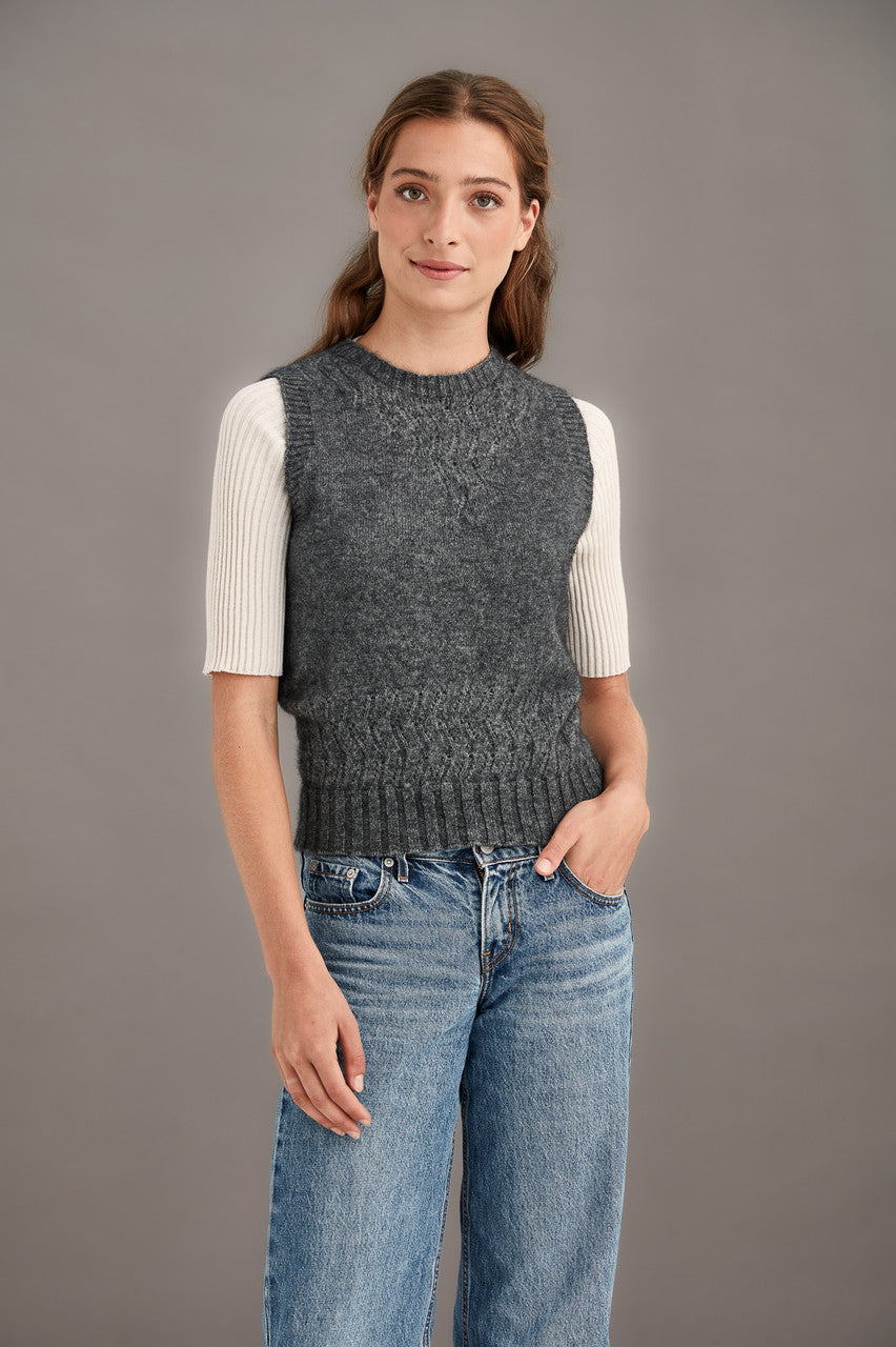 Woman wearing McDonald - Merino & Possum Herringbone Lace Vest (5059) in the colour Pewter.