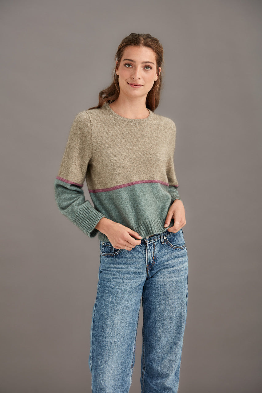 Woman wearing McDonald - Merino & Possum Horizon Jumper (5061-SS2026) in the colour Hydrangea.