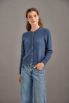 Woman wearing McDonald - Merino & Possum Patchwork Cardigan (5062) in the colour Orchid.