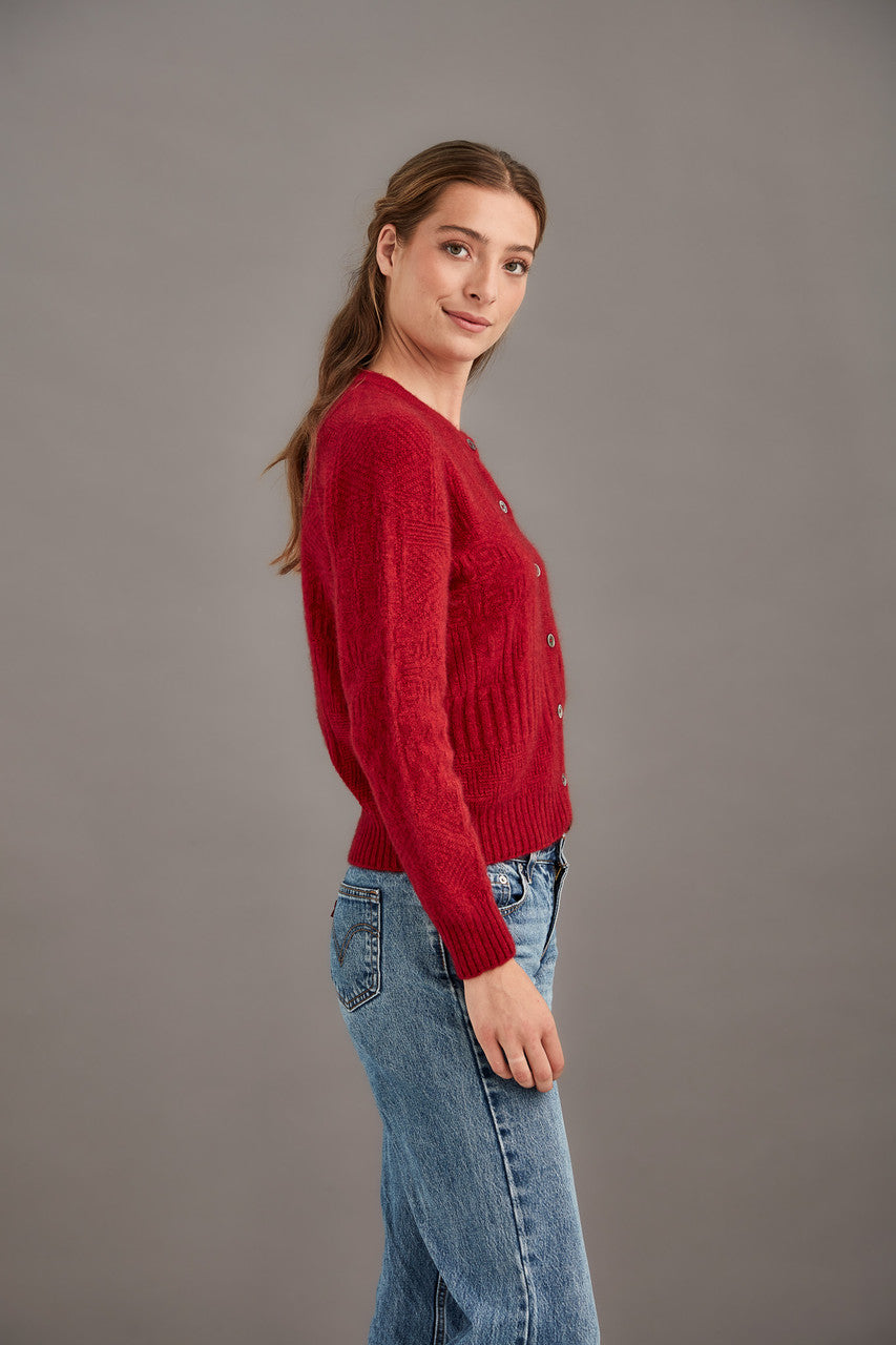 Woman wearing McDonald - Merino & Possum Patchwork Cardigan (5062) in the colour Red.