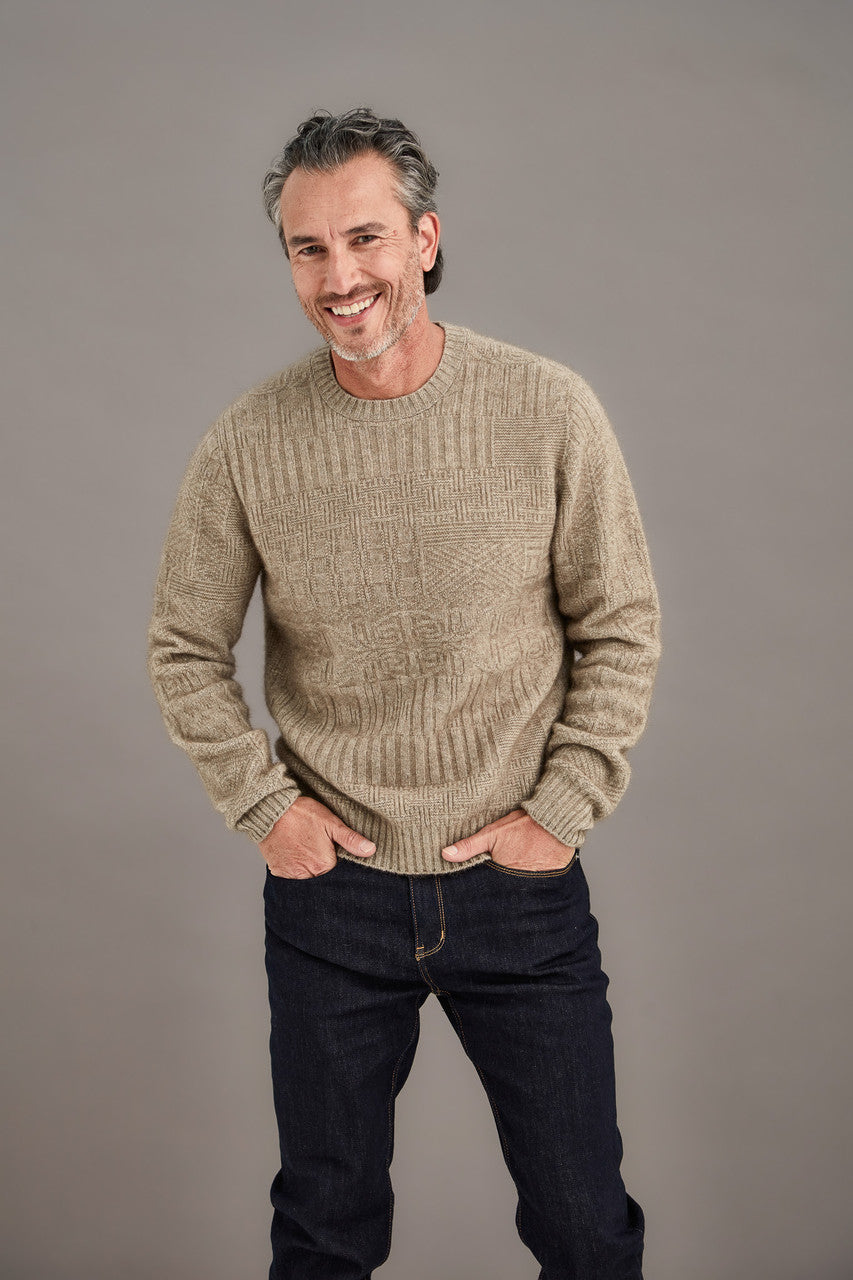 Man wearing McDonald - Merino & Possum Patchwork Sweater (6641) in the colour Mocha