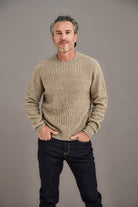 Man wearing McDonald - Merino & Possum Patchwork Sweater (6641) in the colour Mocha