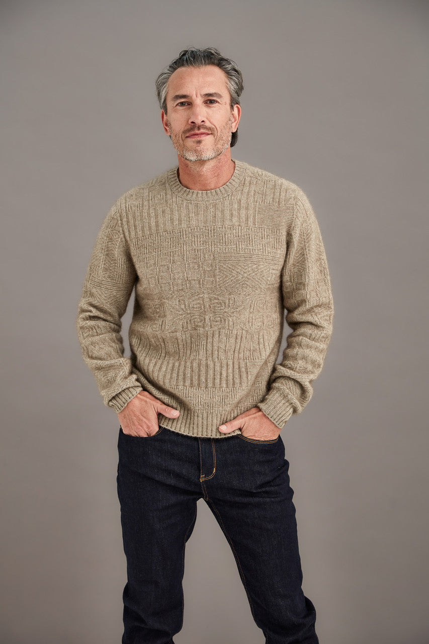 Man wearing McDonald - Merino & Possum Patchwork Sweater (6641) in the colour Mocha