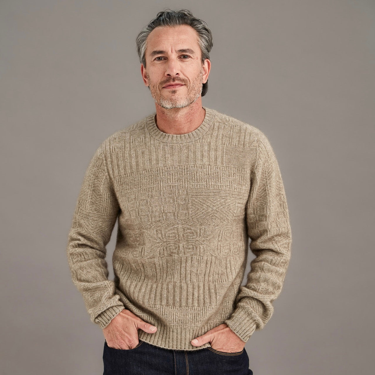 Man wearing McDonald - Merino & Possum Patchwork Sweater (6641) in the colour Mocha