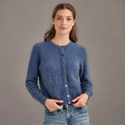 Woman wearing McDonald - Merino & Possum Patchwork Cardigan (5062) in the colour Orchid.