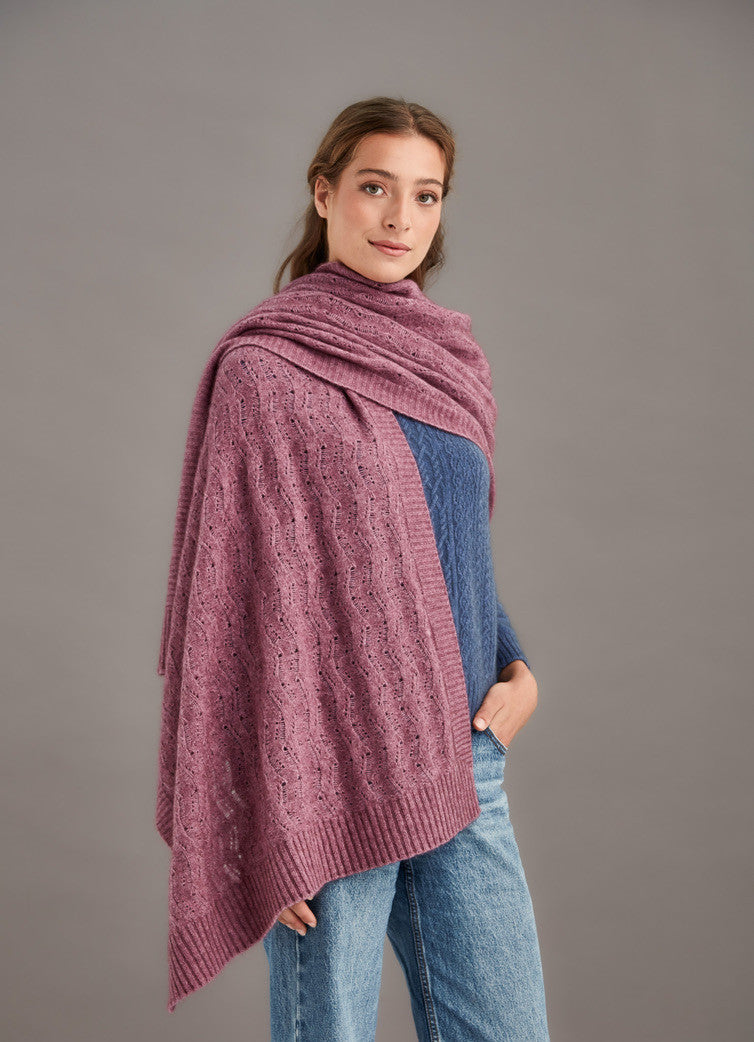 Woman wearing McDonald - Merino & Possum Herringbone Lace Shawl (5060) in the colour Heather.