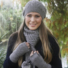 Front view of gloves, scarf and beanie in colour Silver