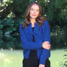 Woman wearing the Lothlorian - Merino & Possum Fuse Tie Jacket (9972) in the colour Lagoon.