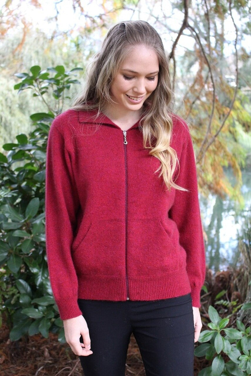 Raspberry colour plain zip cardigan