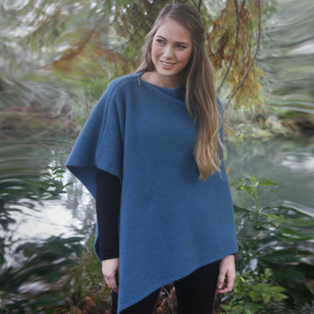 Woman smiling wearing Zippered Wrap Lagoon