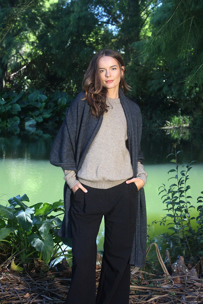 Woman wearing Lothlorian - Merino & Possum Brando Wrap (9993) in the colour Charcoal.