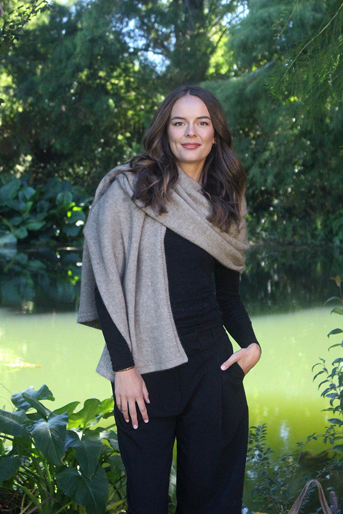 Woman wearing Lothlorian - Merino & Possum Brando Wrap (9993) in the colour Natural.