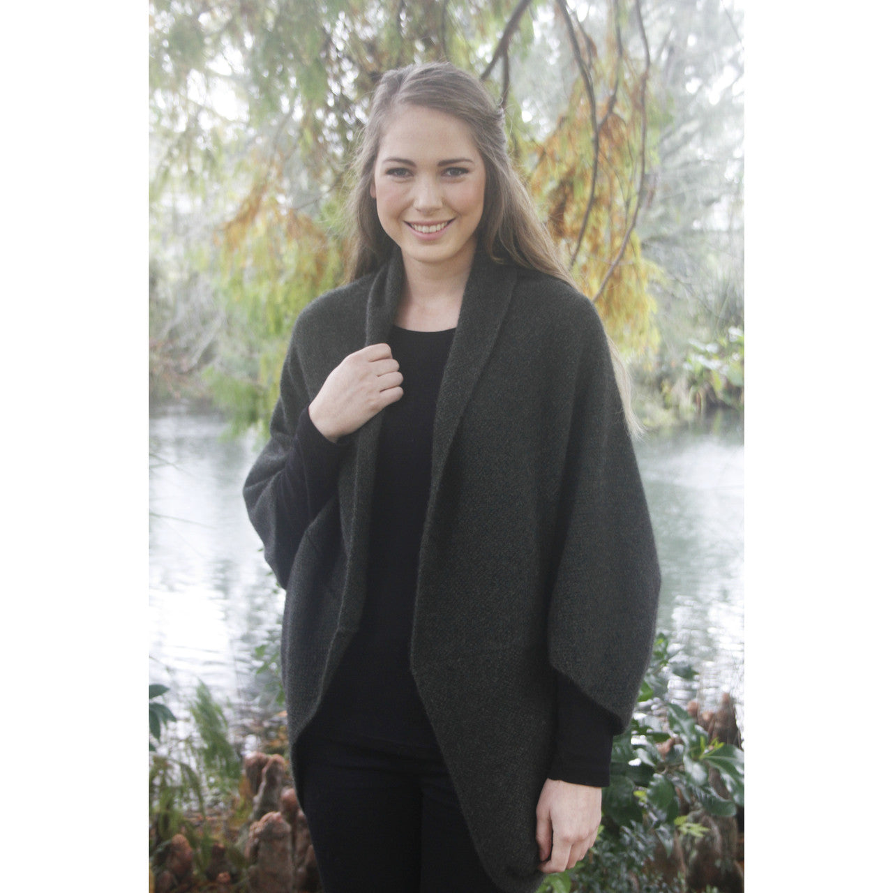 Lady wearing Charcoal coloured cape