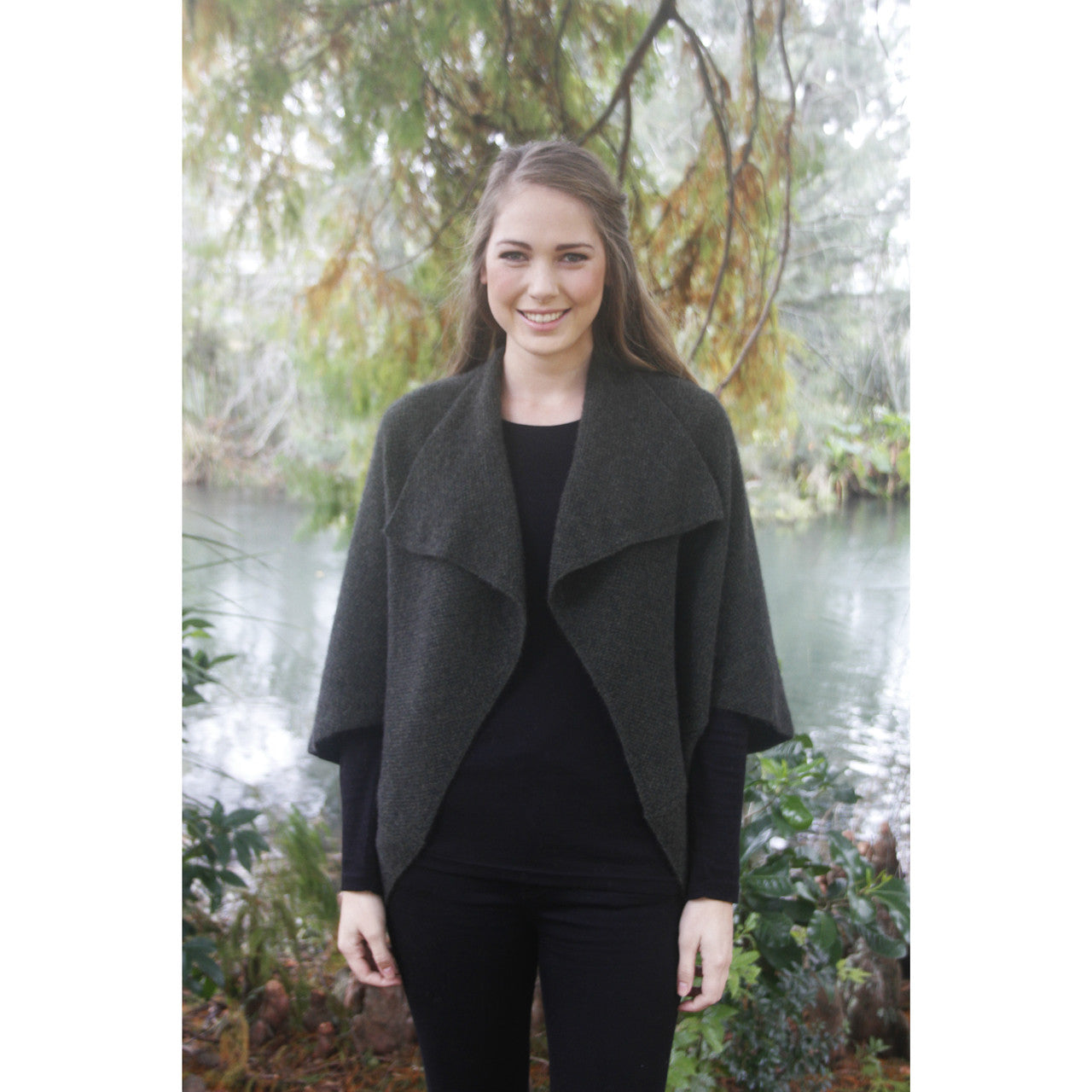 Lady wearing a Charcoal colour cape