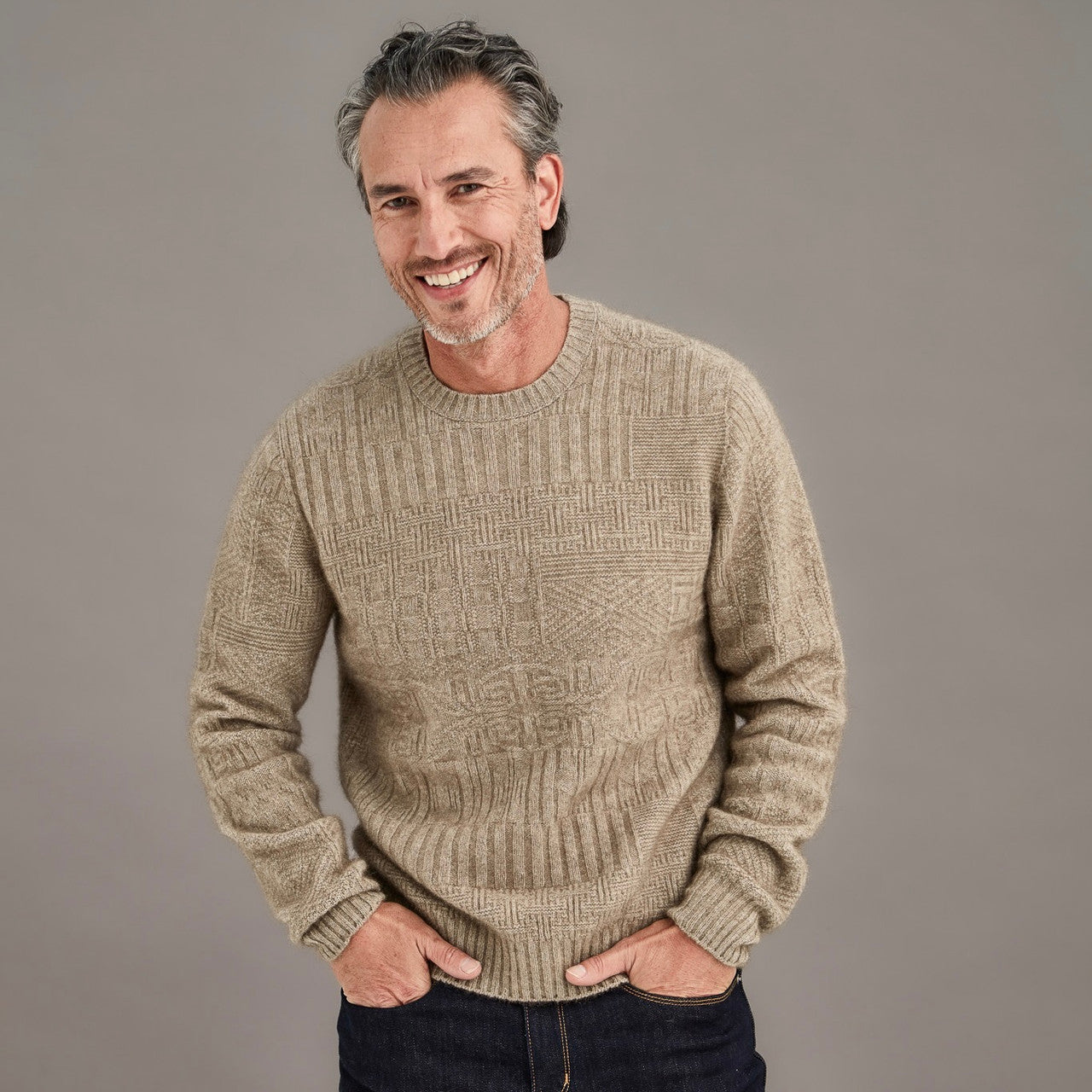Man wearing McDonald - Merino & Possum Patchwork Sweater (6641) in the colour Mocha