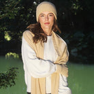 Woman wearing Lothlorian - Alpaca Haven Accessory Set (Beanie & Scarf) (ALP030 + ALP031) in the colour Honey.