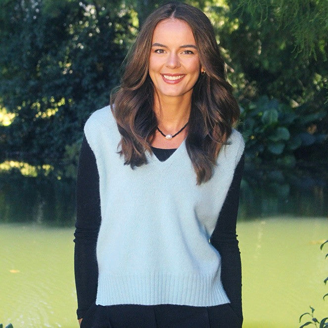 Woman wearing Lothlorian - Alpaca Vital Vest (ALP078) in the colour Aqua.
