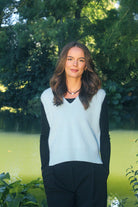 Woman wearing Lothlorian - Alpaca Vital Vest (ALP078) in the colour Aqua.