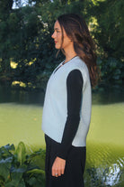Woman wearing Lothlorian - Alpaca Vital Vest (ALP078) in the colour Aqua.