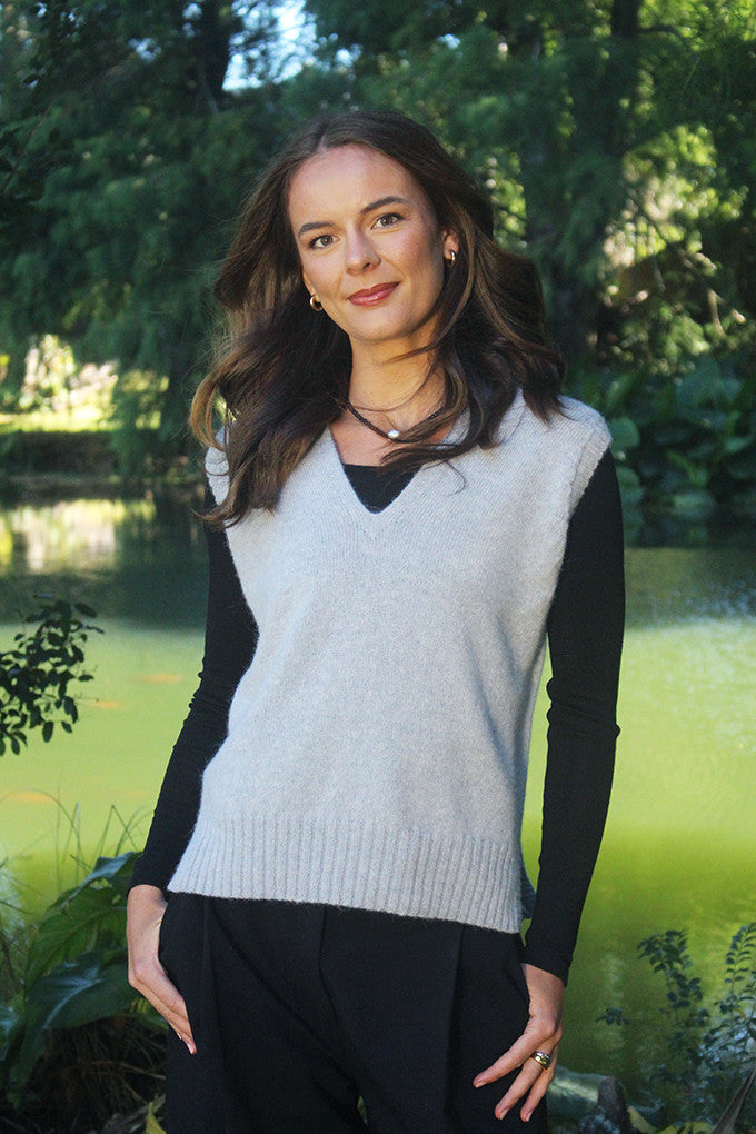 Woman wearing Lothlorian - Alpaca Vital Vest (ALP078) in the colour Dove.