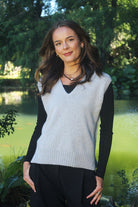 Woman wearing Lothlorian - Alpaca Vital Vest (ALP078) in the colour Dove.