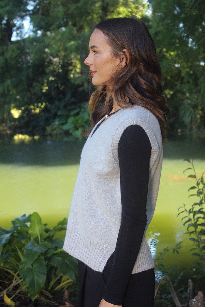 Woman wearing Lothlorian - Alpaca Vital Vest (ALP078) in the colour Dove.