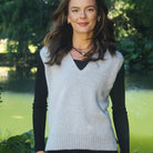Woman wearing Lothlorian - Alpaca Vital Vest (ALP078) in the colour Dove.