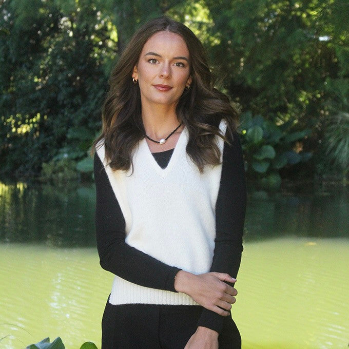 Woman wearing Lothlorian - Alpaca Vital Vest (ALP078) in the colour Natural.