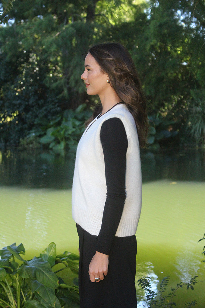 Woman wearing Lothlorian - Alpaca Vital Vest (ALP078) in the colour Natural.