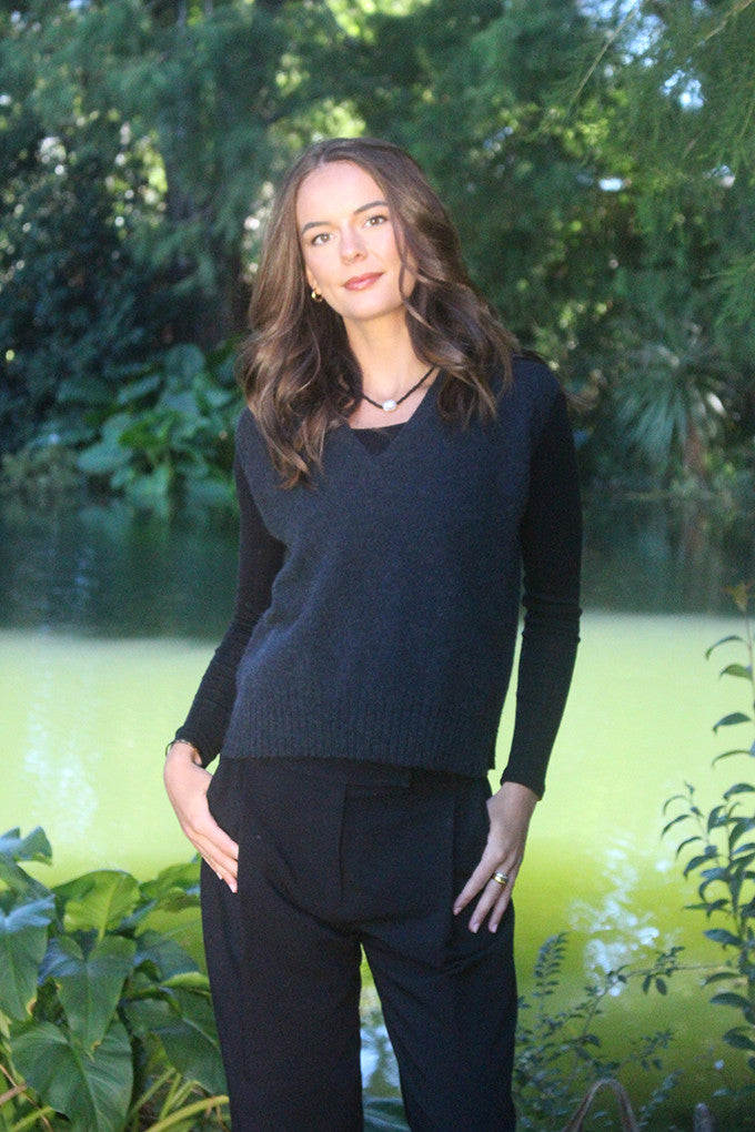 Woman wearing Lothlorian - Alpaca Vital Vest (ALP078) in the colour Slate.