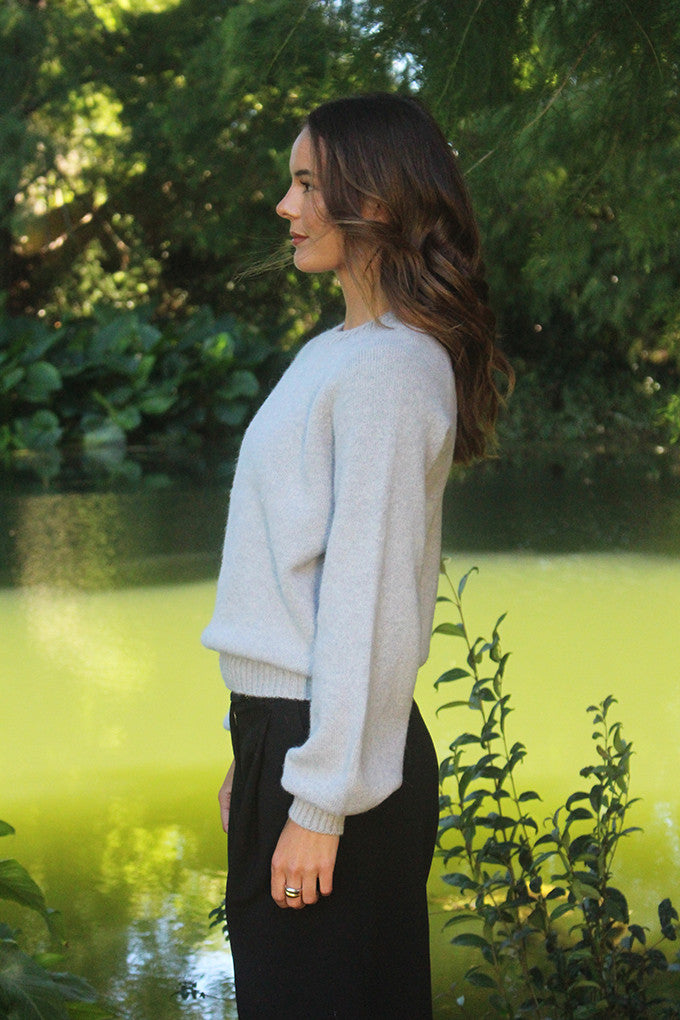 Woman wearing the Lothlorian - Alpaca Chime Jumper (ALP079) in the colour Dove.