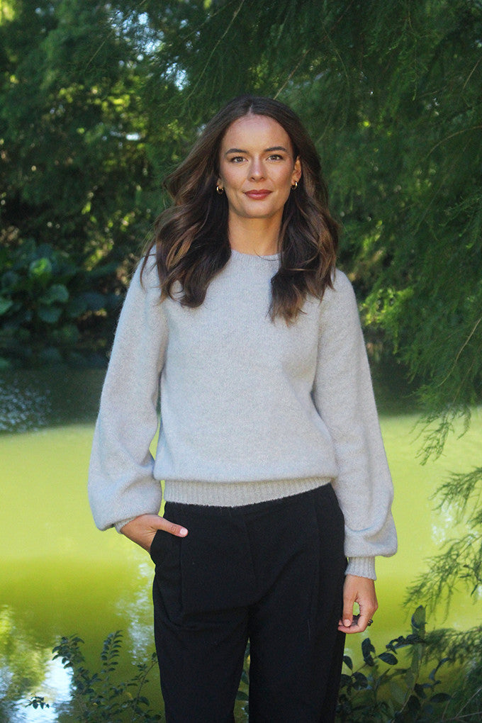 Woman wearing the Lothlorian - Alpaca Chime Jumper (ALP079) in the colour Dove.
