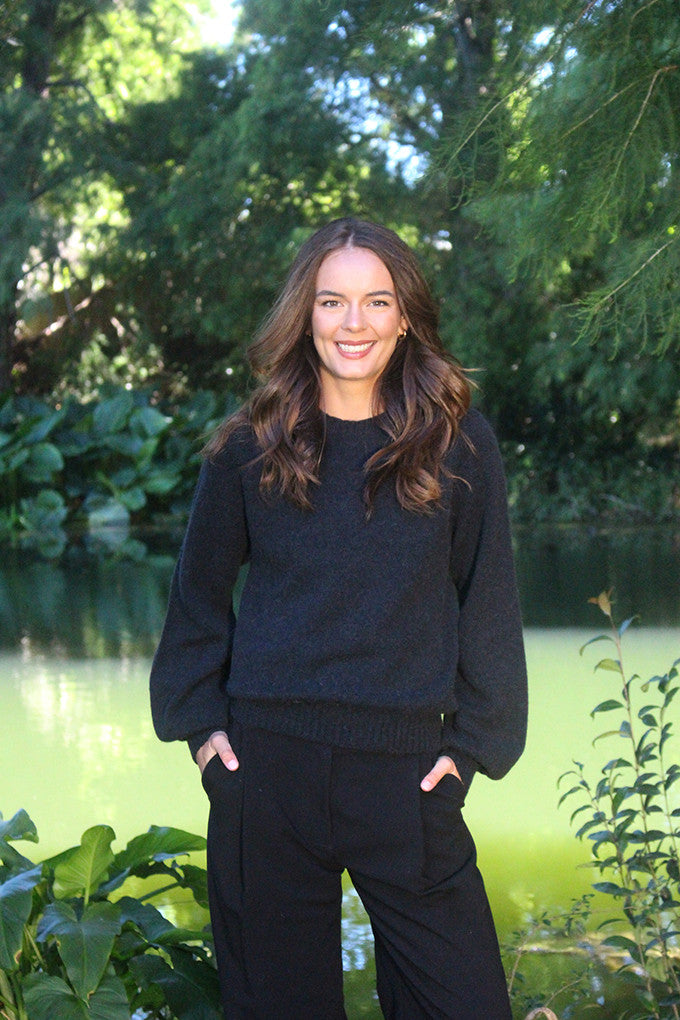 Woman wearing the Lothlorian - Alpaca Chime Jumper (ALP079) in the colour Slate.